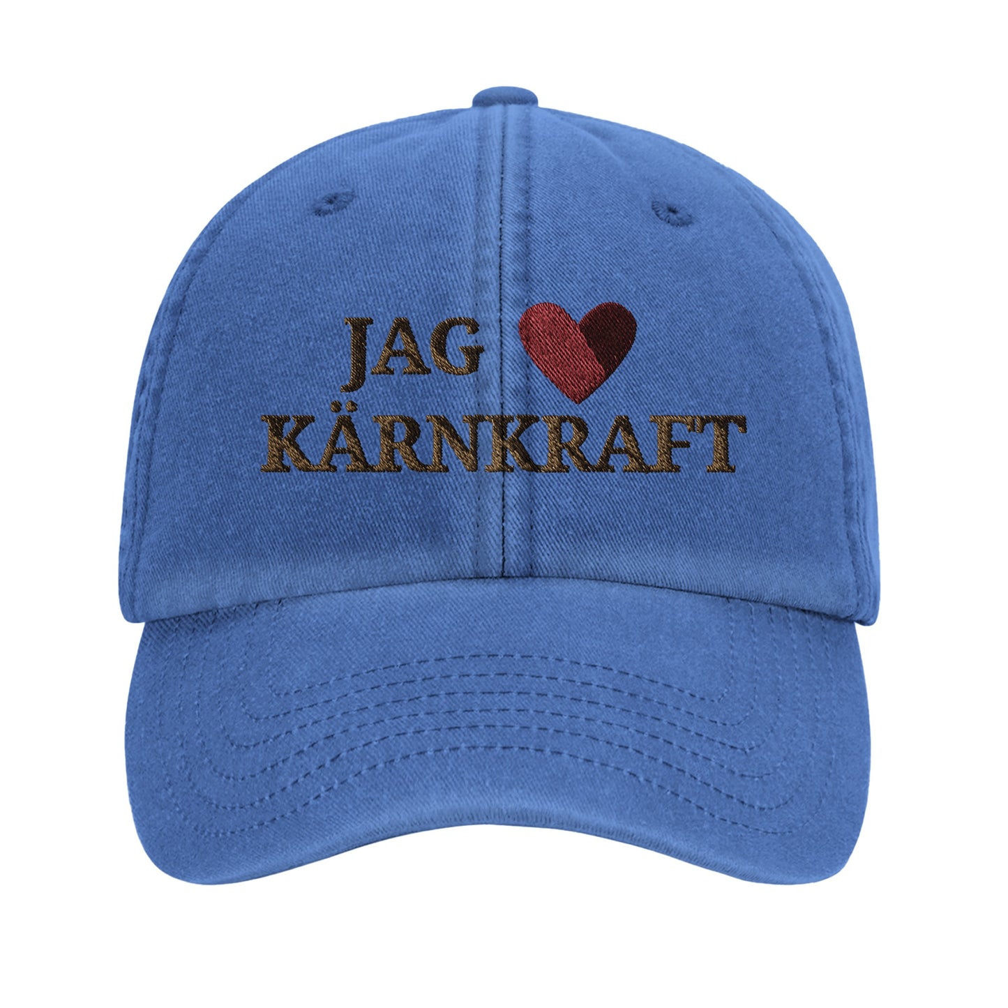 Jag hjärtar kärnkraft-keps med brodyr från Nordbruk, produktbild.