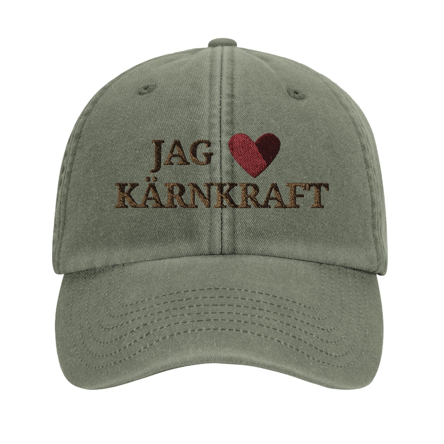 Jag hjärtar kärnkraft-keps med brodyr från Nordbruk, produktbild.