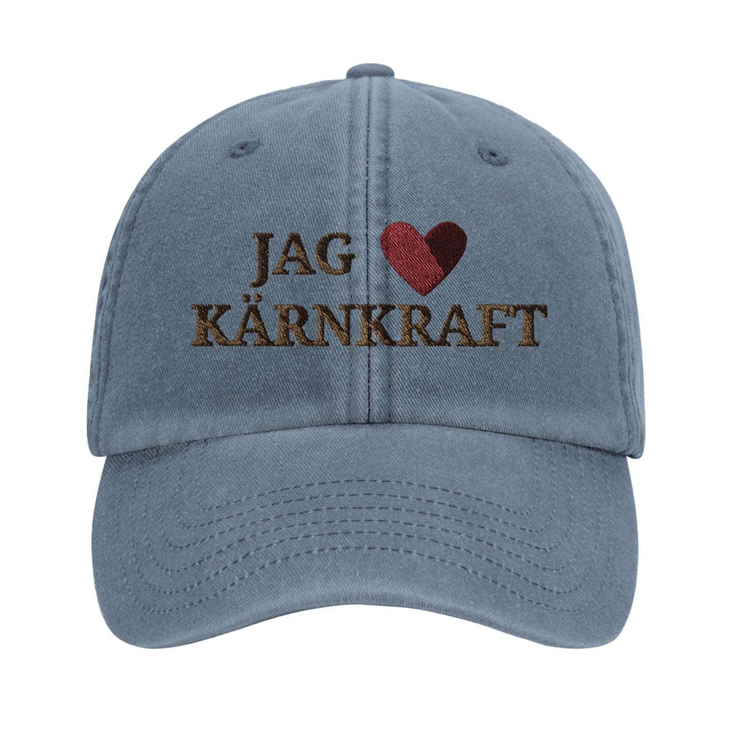 Jag hjärtar kärnkraft-keps med brodyr från Nordbruk, produktbild.