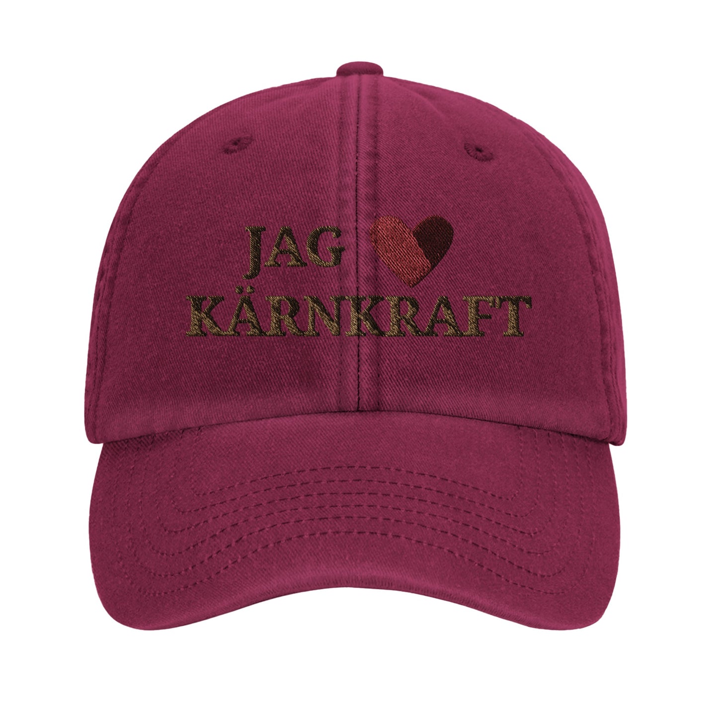 Jag hjärtar kärnkraft-keps med brodyr från Nordbruk, produktbild.