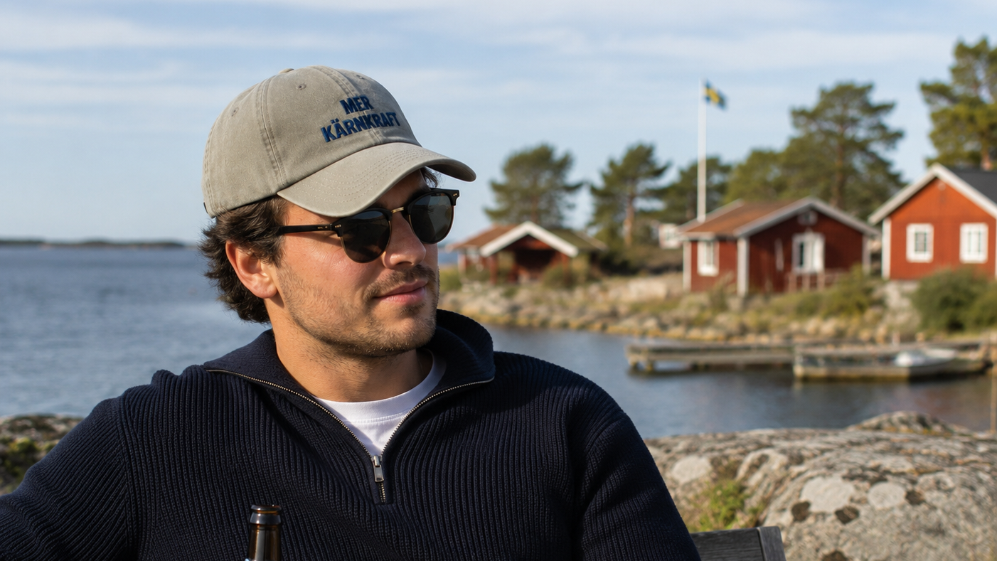 Beige Mer kärnkraft-keps med blå brodyr från Nordbruk.