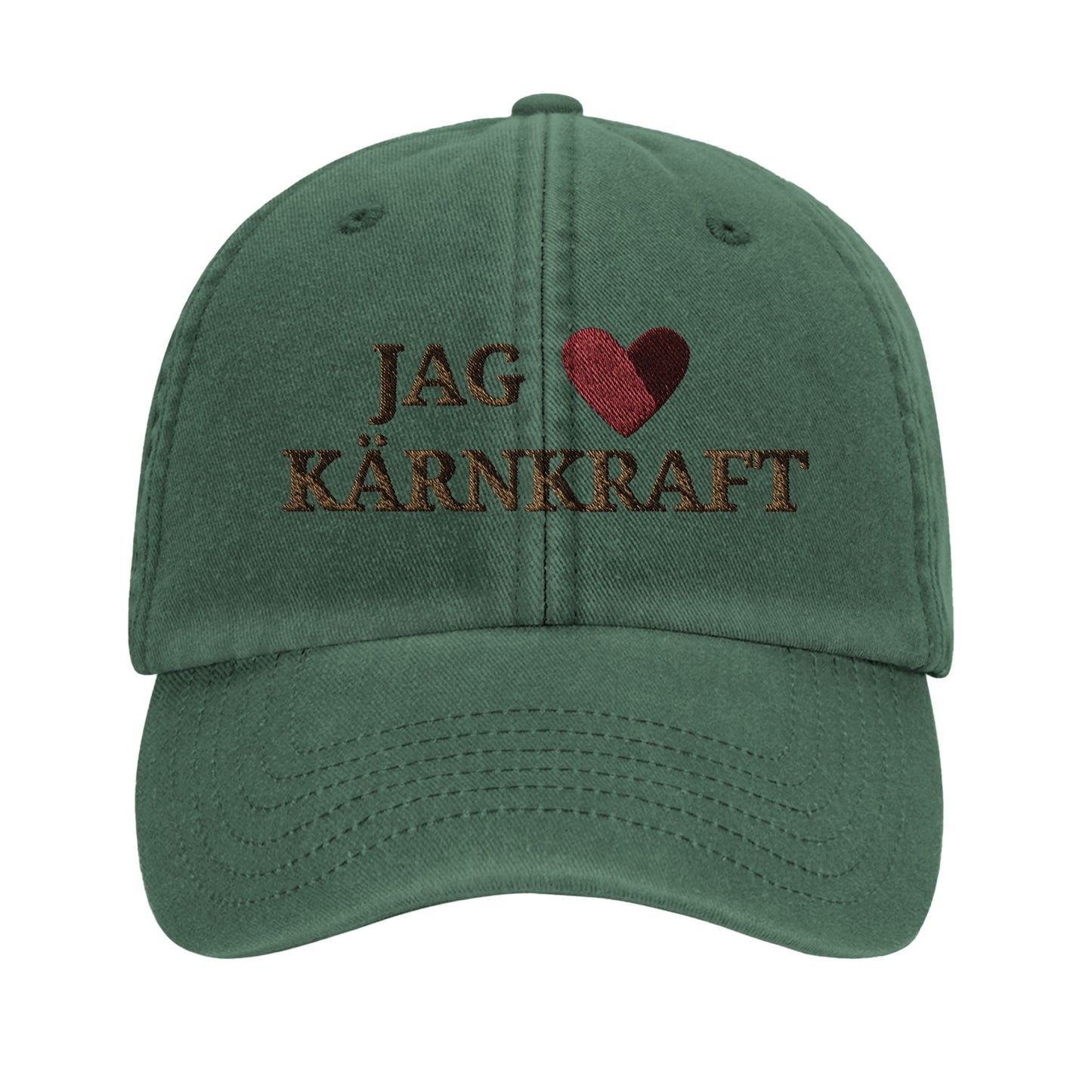 Jag hjärtar kärnkraft-keps med brodyr från Nordbruk, produktbild.