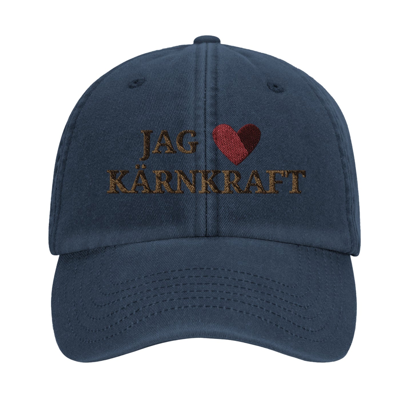 Beige vintagekeps i bomull med broderad text “Jag hjärtar kärnkraft” från Nordbruk.